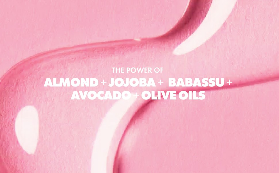Pink banner with swirls of glossy oil and white text naming almond, jojoba, babassu, avocado and olive oils
