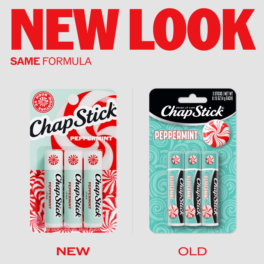 ChapStick PDP tile: new look, same formula, the new pack beside the old one