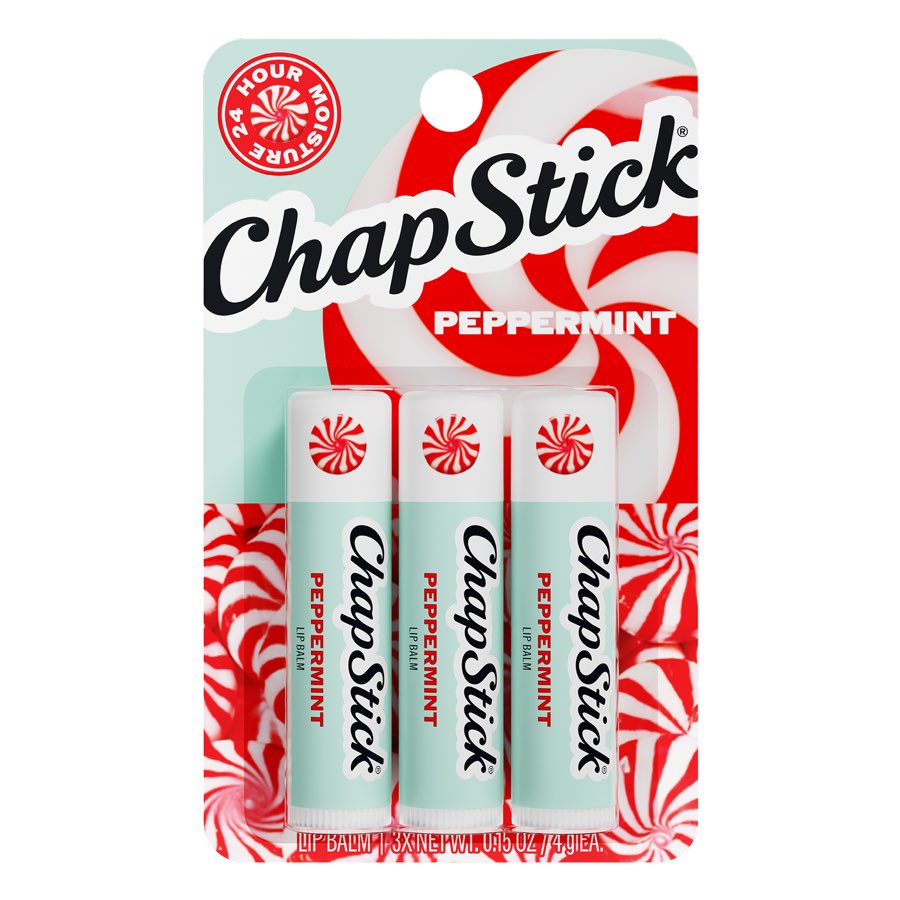 ChapStick PDP tile: front of pack, Peppermint 3ct with the 24-hour moisture flash