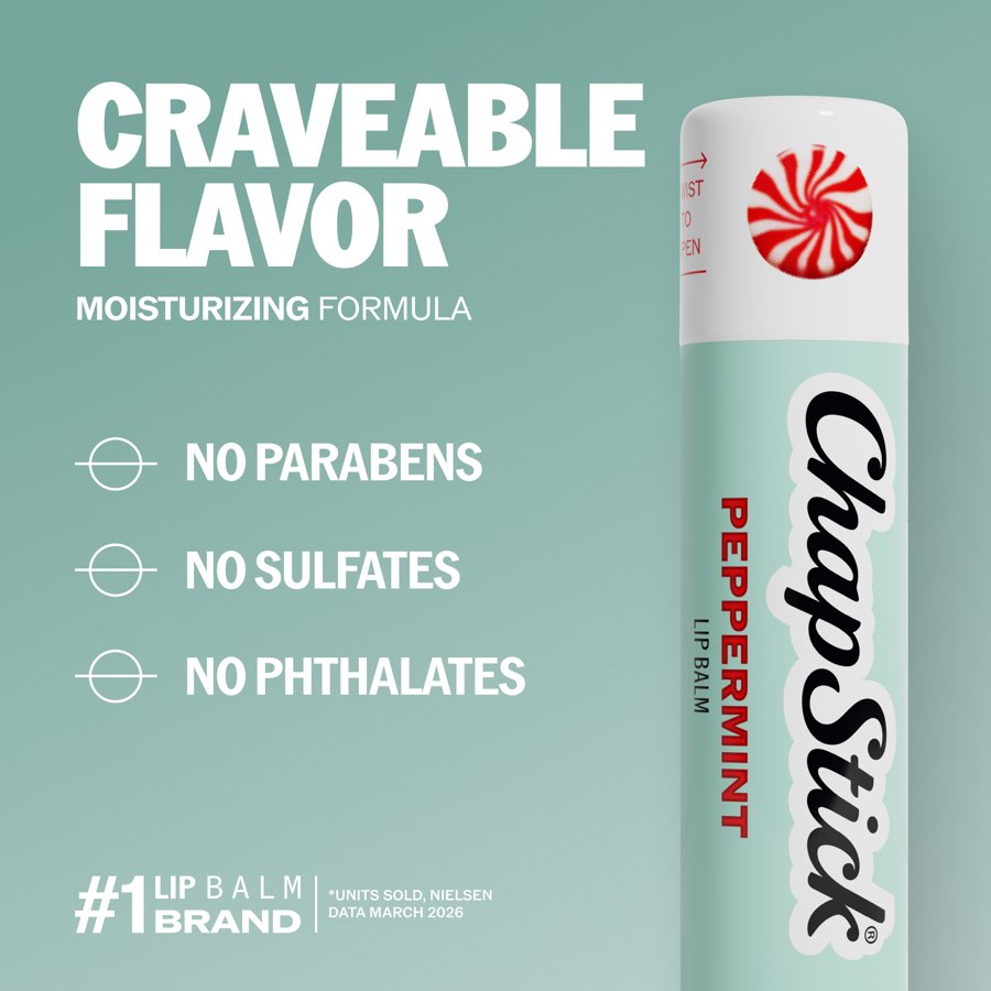 ChapStick PDP tile: craveable flavor, no parabens, no sulfates, no phthalates