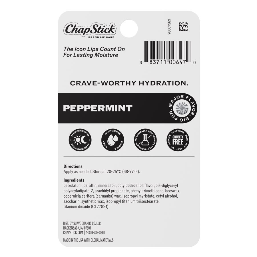 ChapStick PDP tile: back of pack with approved claims, icons and the full ingredient list
