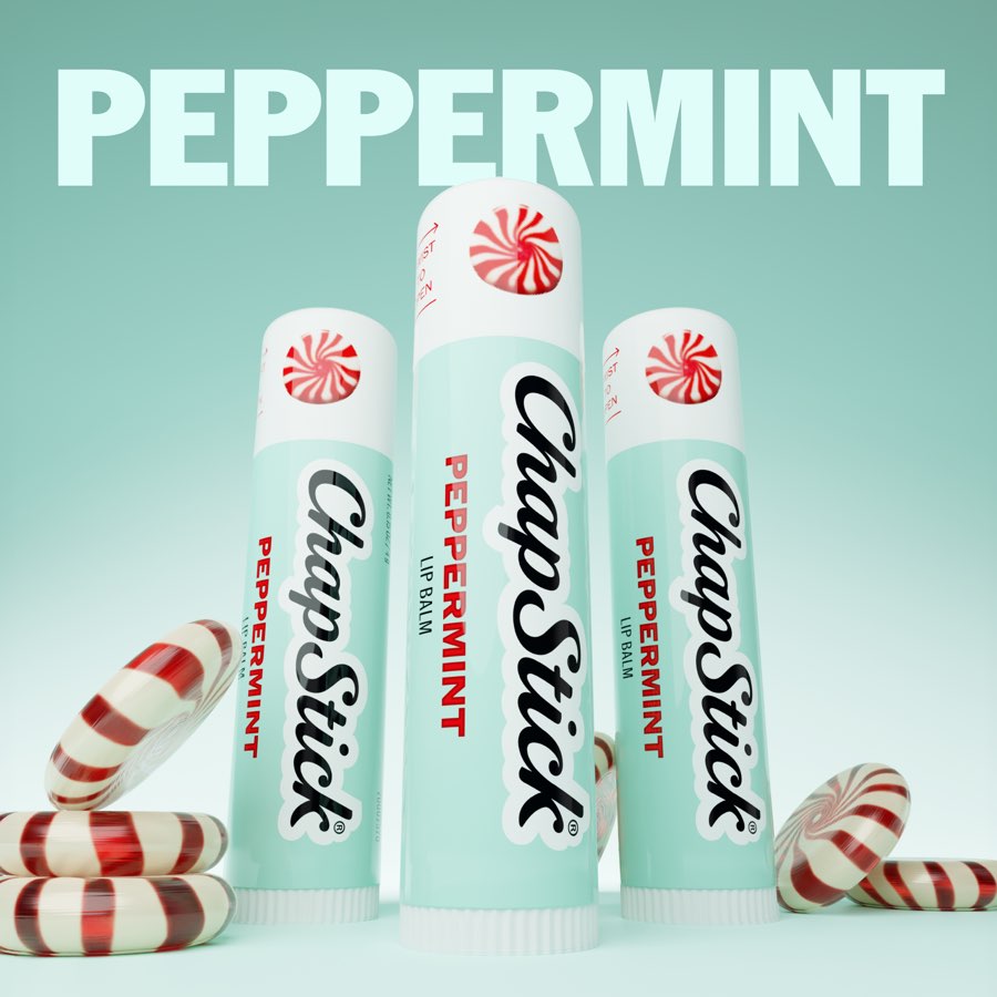 ChapStick PDP tile: product hero, three sticks with peppermint candy