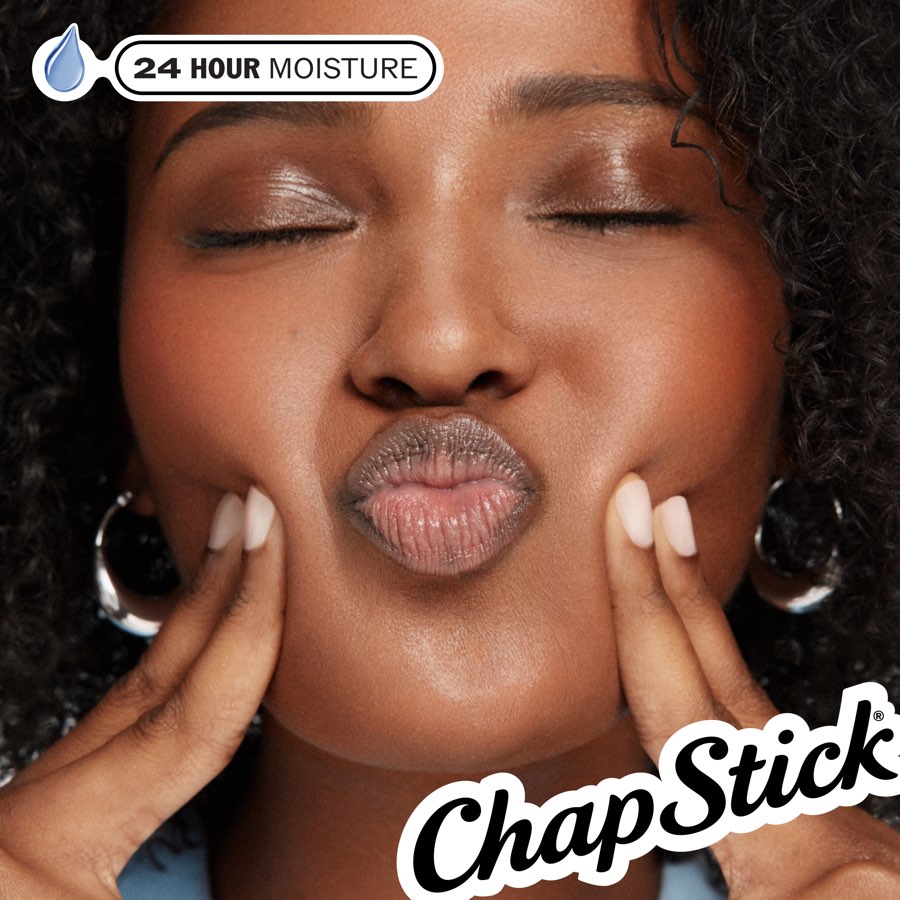 ChapStick PDP tile: model applying, 24-hour moisture badge