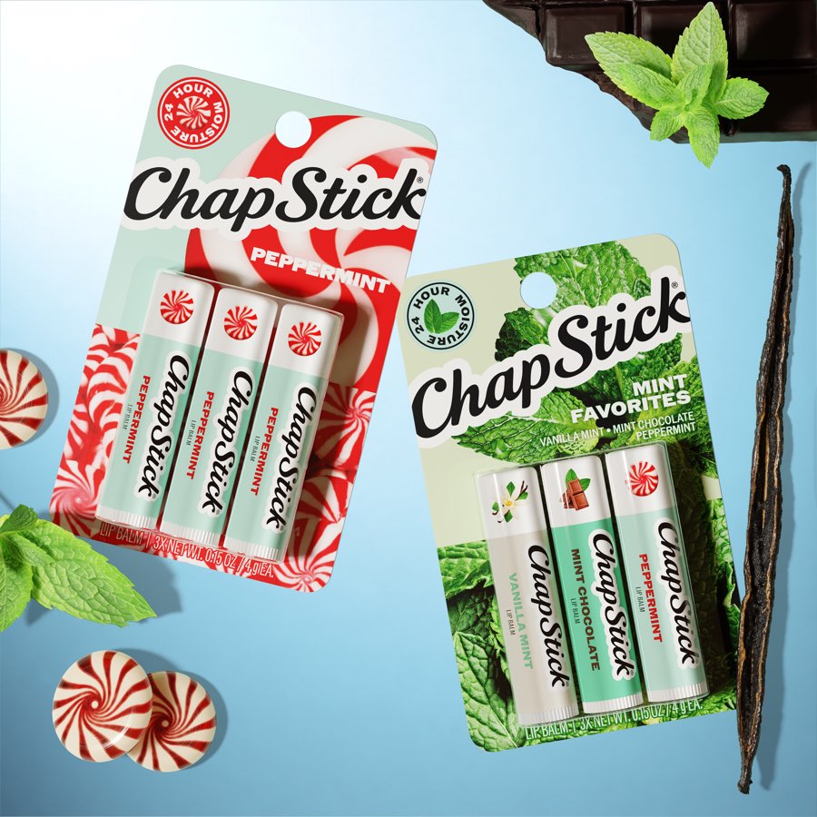 ChapStick PDP tile: the range, Peppermint 3ct beside Mint Favorites