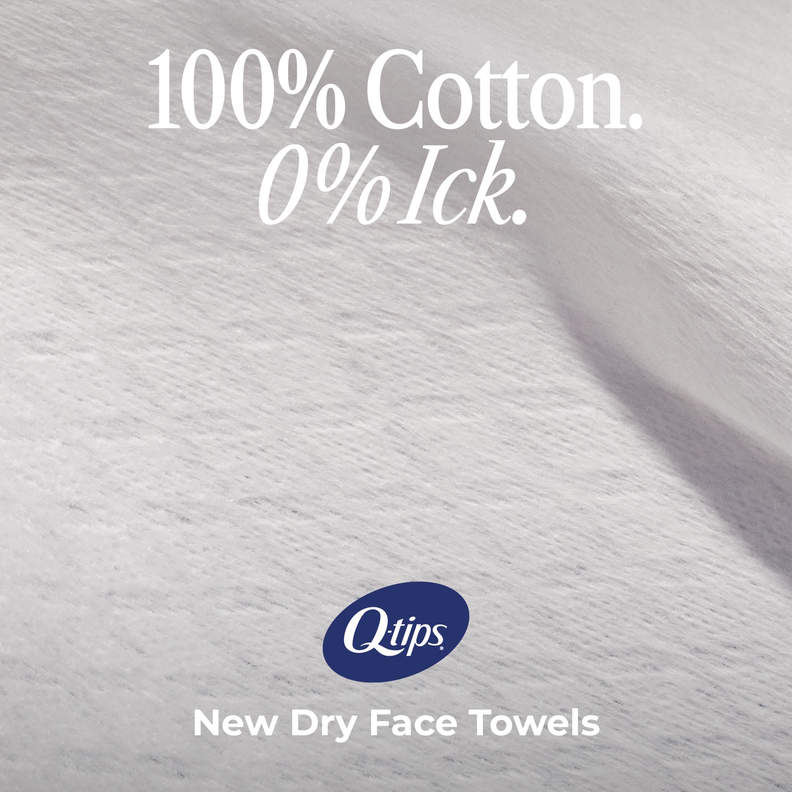 Social post with a close-up of white cotton texture, the headline "100% Cotton. 0% Ick." and the Q-tips logo for New Dry Face Towels